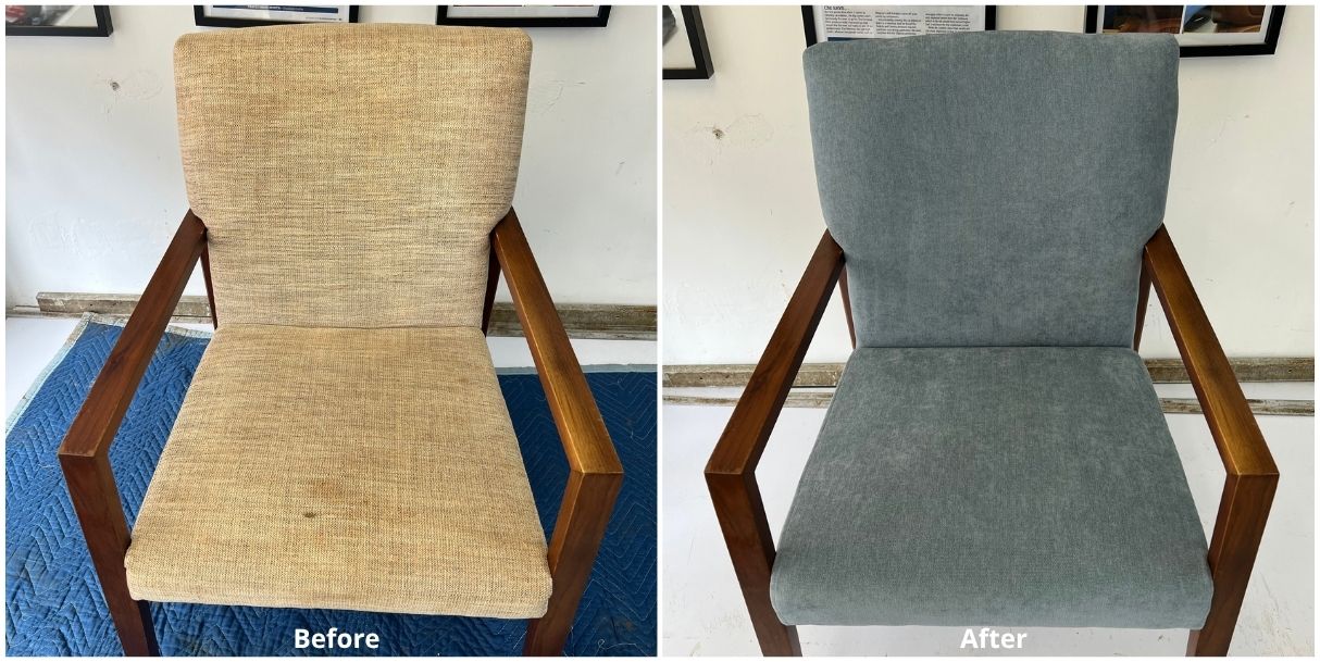 Chair re-upholstered with new fabric before and after - Furniture Clinic Hong Kong